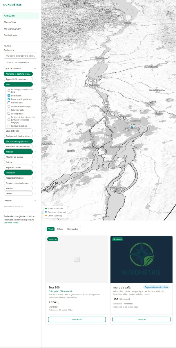 Aperçu de la carte du territoire : gisements de matières résiduelles et repreneurs potentiels localisés dans la région de Montréal et en Montérégie.